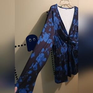Blue Floral Long Sleeve Top 6XL